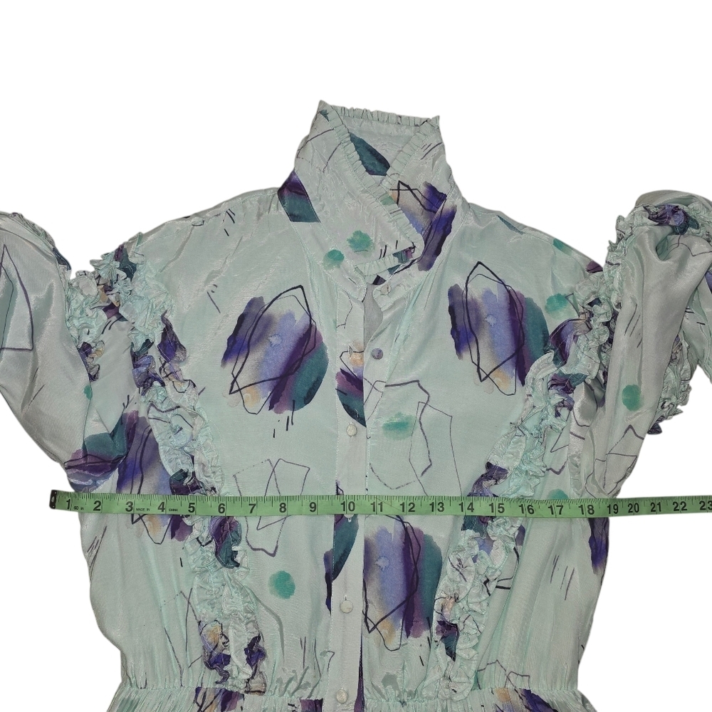 Elliatt "FOND" Ruffle Tiered Mini Dress Mint Watercolor Print Long Sleeve Size L - Picture 7 of 12